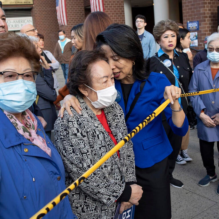 Democratic Party supporters await New York Gov. Kathy Hochul's arrival at a campaign event in New York's Chinatown on Friday