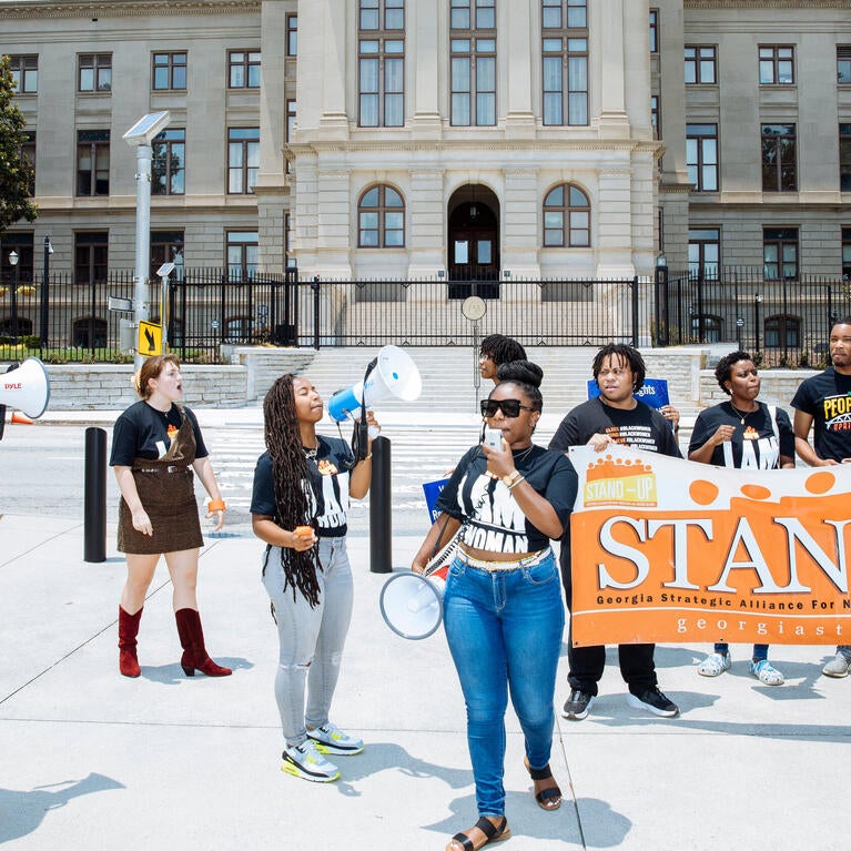 Abortion rights advocates protesting the Supreme Court decision to overturn Roe v. Wade outside the Georgia State Capitol in Atlanta on Friday. Kendrick Brinson for the New York Times