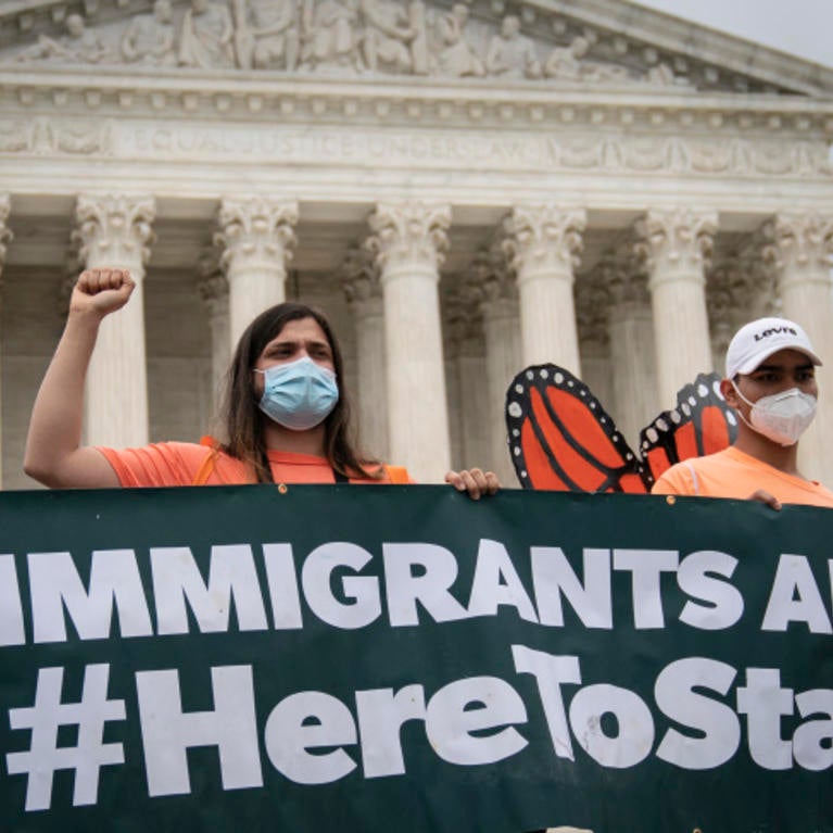 DACA recipients and their supporters rally outside the U.S. Supreme Court on June 18, 2020 in Washington, DC. On Thursday morning, the Supreme Court, in a 5-4 decision, denied the Trump administration's attempt to end DACA, the Deferred Action for Childhood Arrivals program. (Drew Angerer/Getty Images)