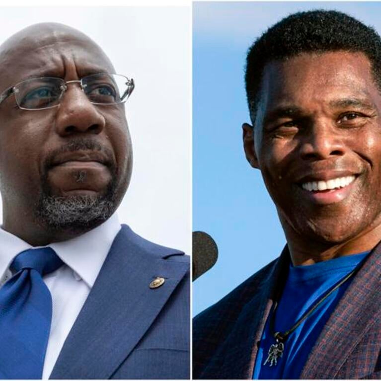 Sen. Raphael Warnock, the Democratic incumbent, left, and Herschel Walker, his Republican opponent in the Dec. 6 Georgia runoff election, where both candidates are actively courting Asian support.AP