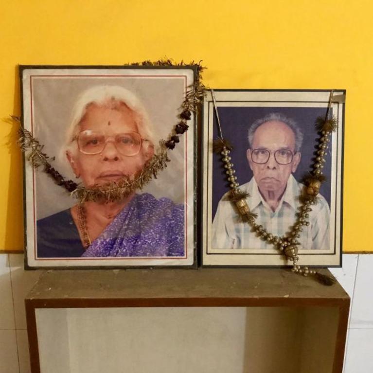 Photos of Kamala Harris’ grandparents, Rajam and P.V. Gopalan, on display in their son G. Balachandran’s house in New Delhi.(Shashank Bengali / Los Angeles Times)