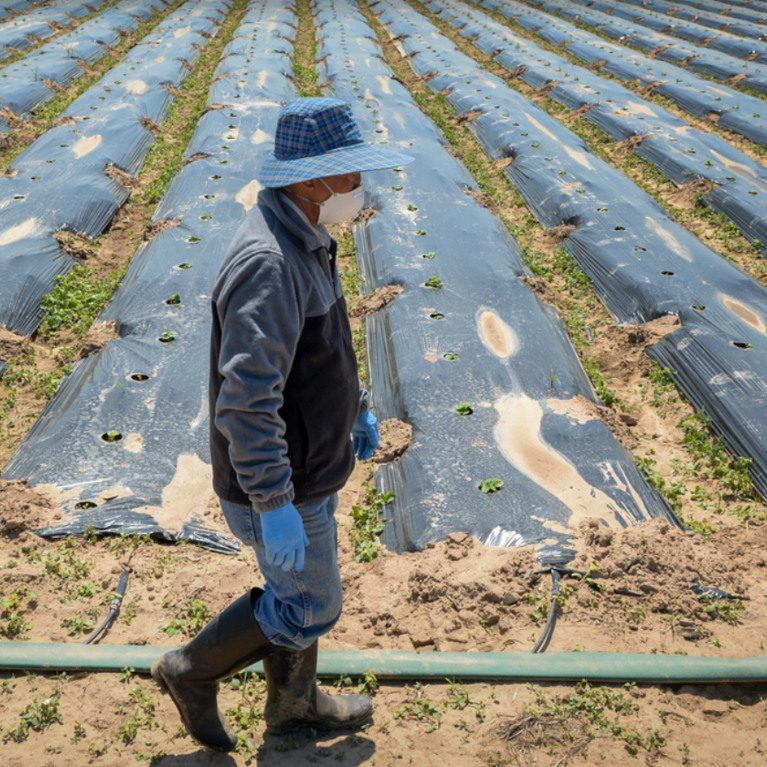 Image of Southeast Asian Fresno Farmer walking along farm