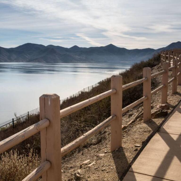 Diamond Valley Lake, one of Southern California's largest reservoirs (800,000 acre-feet) used primarily for drinking water and agriculture, is filled with water from the Colorado River and viewed at 75% capacity on the morning of November 18, 2021, near Hemet, California.
