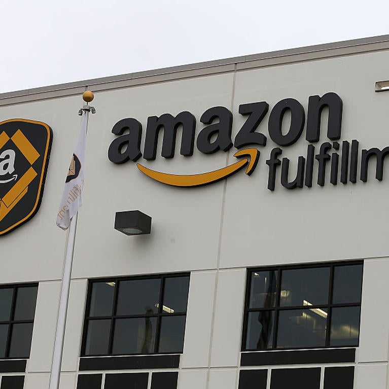 The exterior of an Amazon fulfillment center in Tracy, California. (Justin Sullivan / Getty Images)