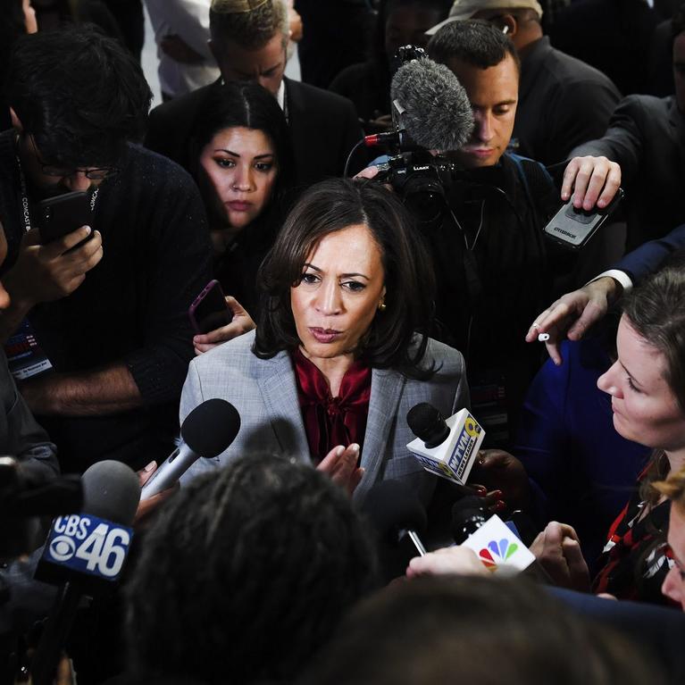 Sen. Kamala Harris speaks to reporters after the fifth Democratic primary debate on November 20, 2019. Paul Saul/AFP via Getty Images