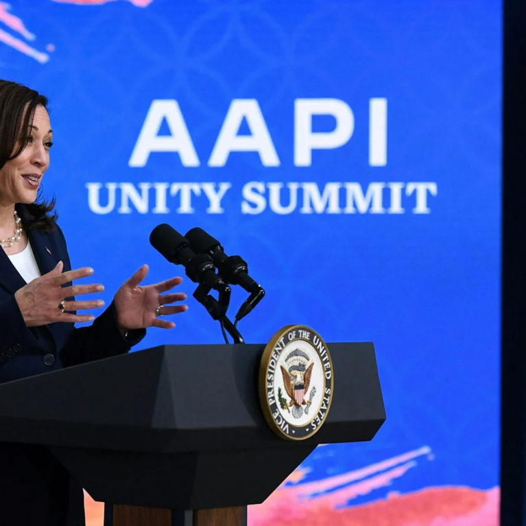 Vice President Harris addresses the Asian Pacific American Heritage Month Unity Summit on Wednesday. Mandel Ngan/AFP via Getty Images