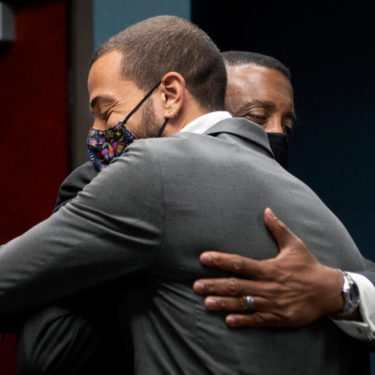 New San Bernardino City Council members Ben Reynoso, left, and Damon Alexander embrace at San Bernardino City Hall on Wednesday, Dec. 16, 2020. They represent the 5th Ward and 7th Ward, respectively. Minority candidates saw much success in the Inland Empire in November’s election. (Photo by Cindy Yamanaka, The Press-Enterprise/SCNG)