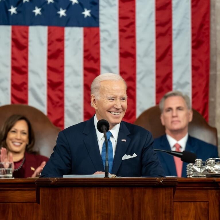 President Joe Biden delivering his State of the Union address Tuesday, February 7, 2023, on the House floor of the U.S. Capitol in Washington, D.C.