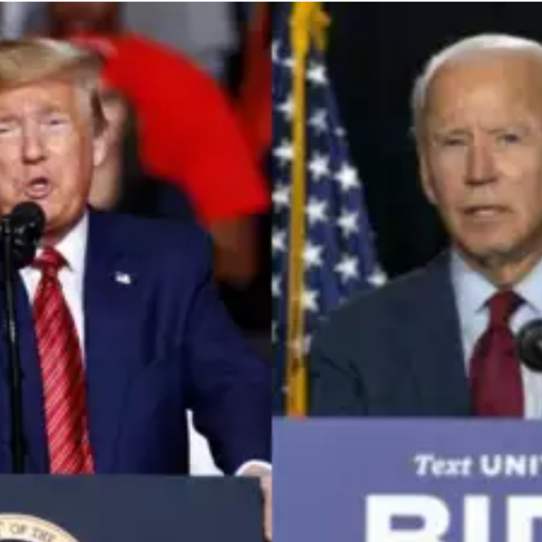 Photos of Trump and Biden on Podium