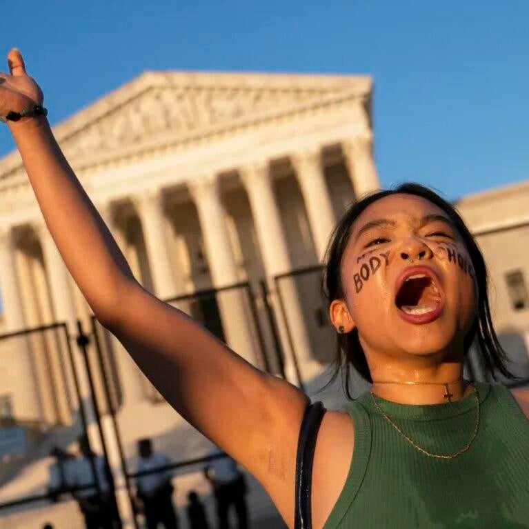 An Abortion rights activist Gwak chants in front of the Supreme Court
