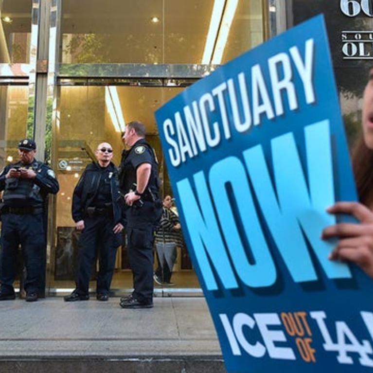 Image of a protestor in Los Angeles fighting for sanctuary city status in front of a government building and security officials