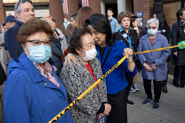 Democratic Party supporters await New York Gov. Kathy Hochul's arrival at a campaign event in New York's Chinatown on Friday