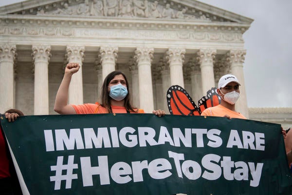 DACA recipients and their supporters rally outside the U.S. Supreme Court on June 18, 2020 in Washington, DC. On Thursday morning, the Supreme Court, in a 5-4 decision, denied the Trump administration's attempt to end DACA, the Deferred Action for Childhood Arrivals program. (Drew Angerer/Getty Images)