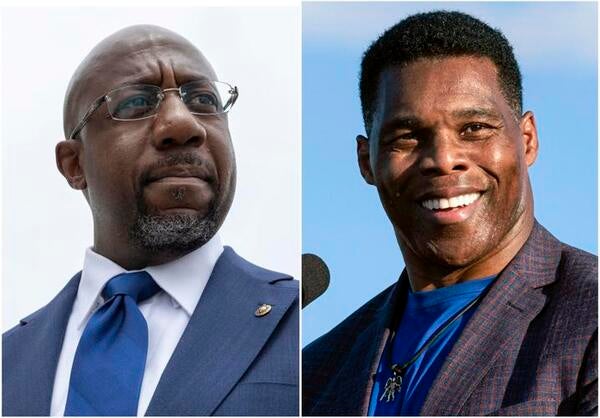 Sen. Raphael Warnock, the Democratic incumbent, left, and Herschel Walker, his Republican opponent in the Dec. 6 Georgia runoff election, where both candidates are actively courting Asian support.AP