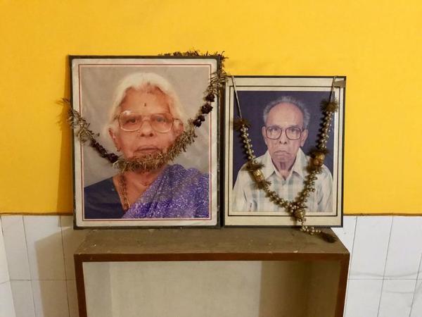 Photos of Kamala Harris’ grandparents, Rajam and P.V. Gopalan, on display in their son G. Balachandran’s house in New Delhi.(Shashank Bengali / Los Angeles Times)