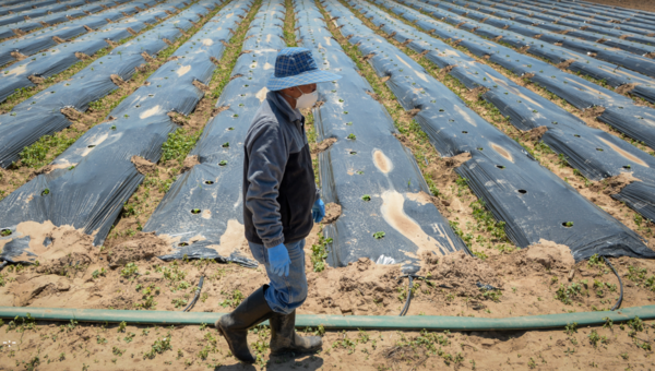 Image of Southeast Asian Fresno Farmer walking along farm