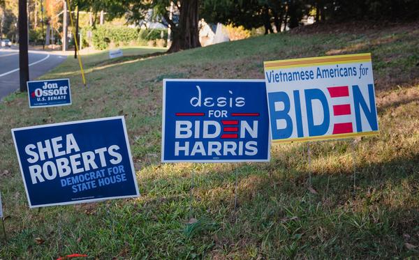 Political signs outside the home of Cam Ashling, a Democratic activist in Georgia.