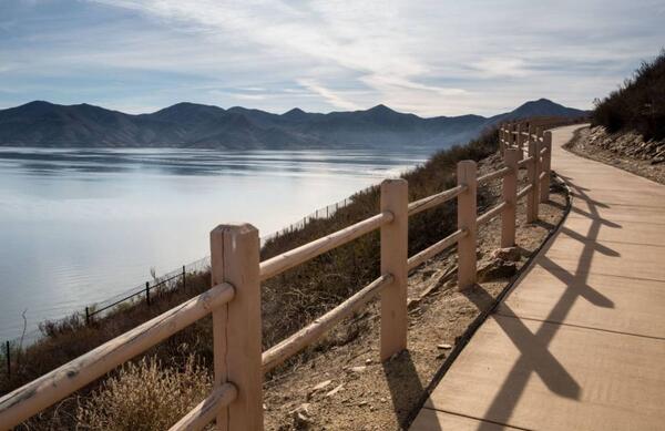 Diamond Valley Lake, one of Southern California's largest reservoirs (800,000 acre-feet) used primarily for drinking water and agriculture, is filled with water from the Colorado River and viewed at 75% capacity on the morning of November 18, 2021, near Hemet, California.