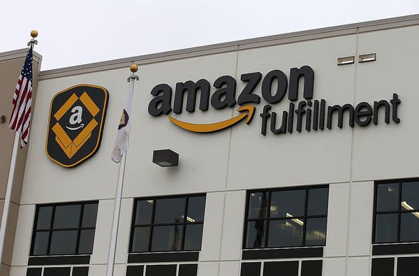 The exterior of an Amazon fulfillment center in Tracy, California. (Justin Sullivan / Getty Images)