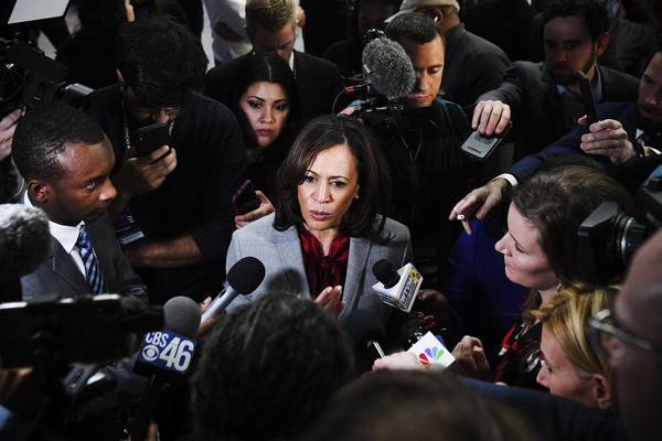 Sen. Kamala Harris speaks to reporters after the fifth Democratic primary debate on November 20, 2019. Paul Saul/AFP via Getty Images