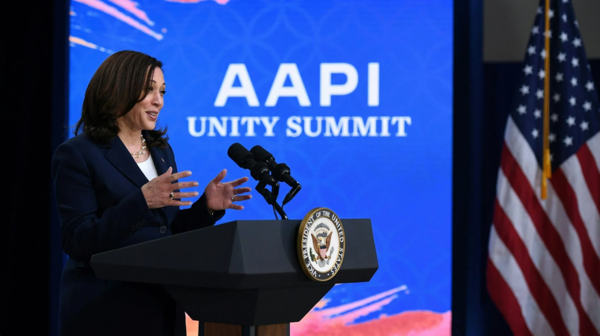 Vice President Harris addresses the Asian Pacific American Heritage Month Unity Summit on Wednesday. Mandel Ngan/AFP via Getty Images