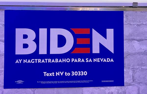 A Tagalog sign for Joe Biden was made available to supporters during an AAPI event in Las Vegas’ Chinatown he did ahead of the Nevada caucus in February. | AJPress photo by Christina M. Oriel