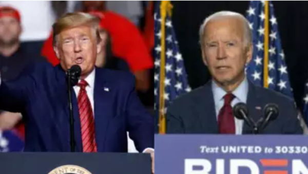Photos of Trump and Biden on Podium