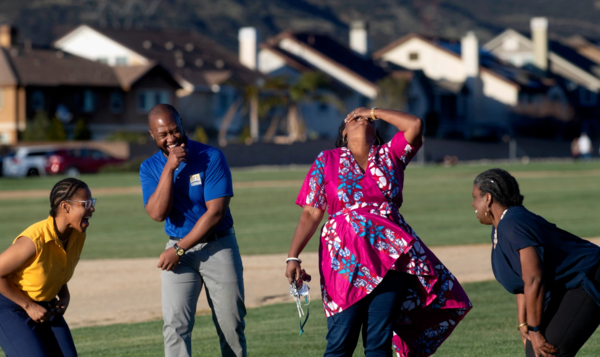 Dina Walker, Blu CEO, third from top right, and other educators are part of The Black Equity Initiative which released its Inland Empire Black Education Agenda at Fontana Park on Tuesday, February 23, 2021. Nearly 1,100 Black parents, students and community members in the Inland Empire were surveyed. (Photo by Cindy Yamanaka, The Press-Enterprise/SCNG)