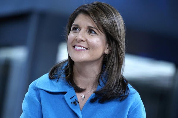 Former U.N. Ambassador Nikki Haley visits "Fox & Friends" at Fox News Channel Studios on Nov. 12, 2019, in New York.